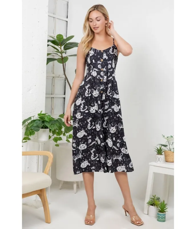 Black Celestial Cat Print Midi Dress made by Unique Vintage