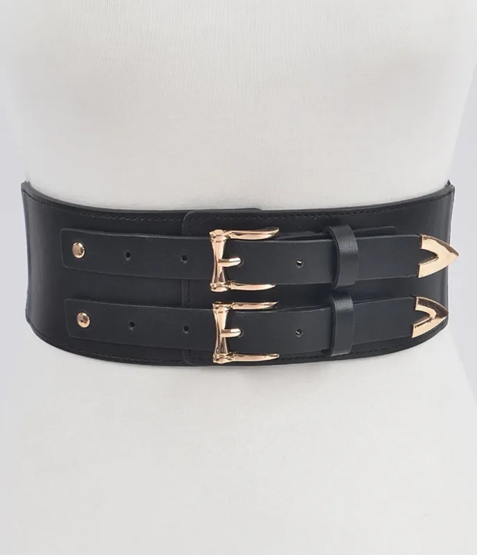 Plus Size Black Faux Leather Double Buckle Belt made by Unique Vintage