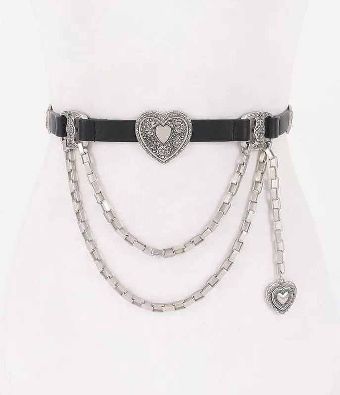 Black & Silver Tone Heart Faux Leather Belt made by Unique Vintage