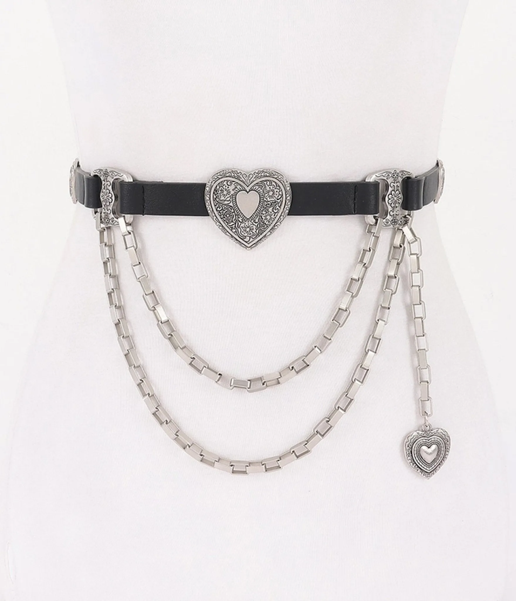 Black & Silver Tone Heart Faux Leather Belt sold by Unique Vintage