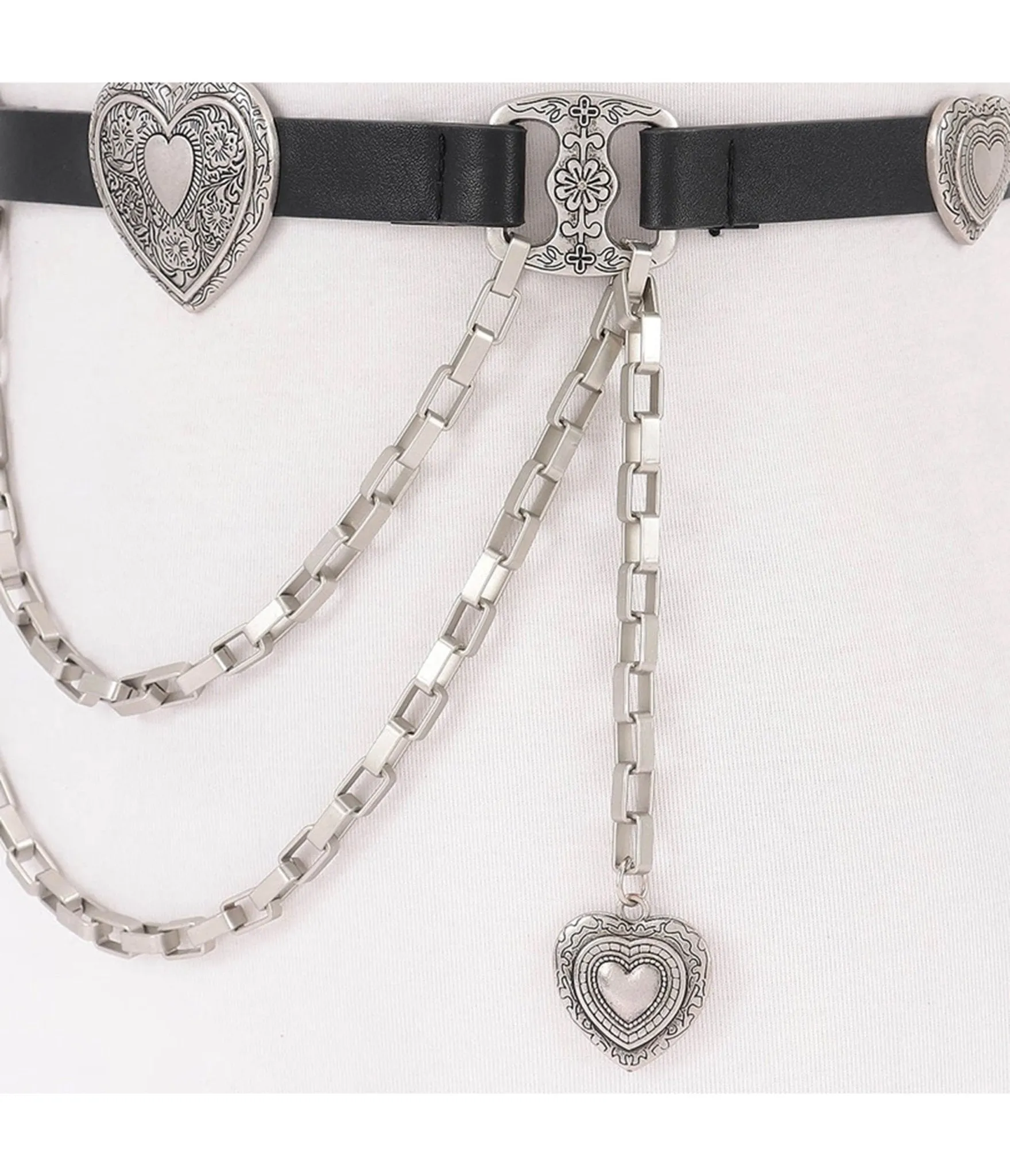 Black & Silver Tone Heart Faux Leather Belt sold by Unique Vintage product image thumbnail 2
