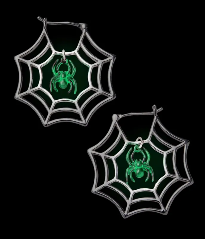Glow-in-the-Dark Spider Web Hoop Earrings made by Unique Vintage
