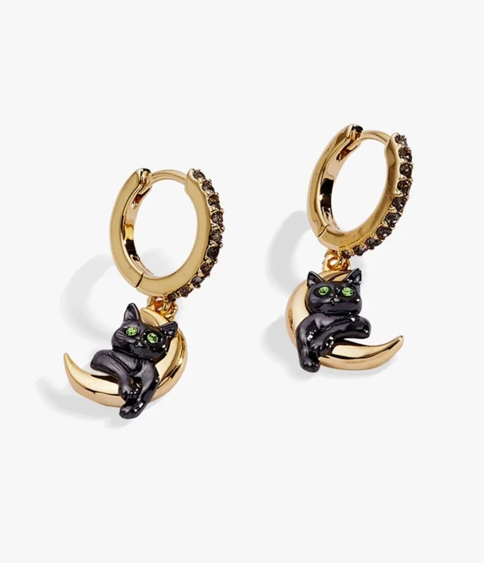 Black & Gold Tone Cat & Crescent Moon Hoop Earrings made by Unique Vintage