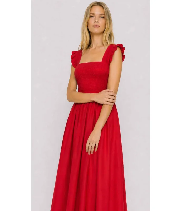 Red Smocked Ruffle Midi Dress made by Unique Vintage