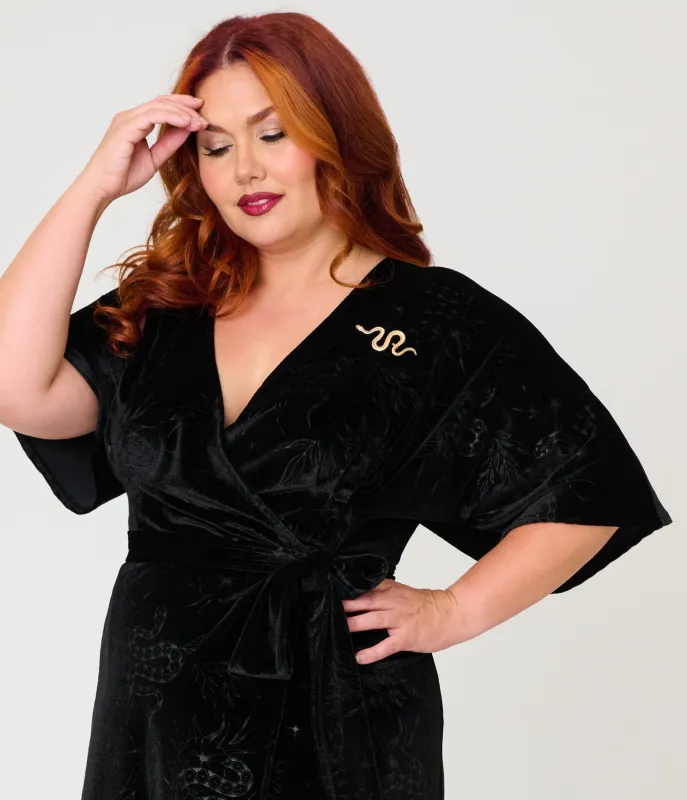 Unique Vintage Plus Size Black Velvet Embossed Wrap Midi Dress made by Unique Vintage