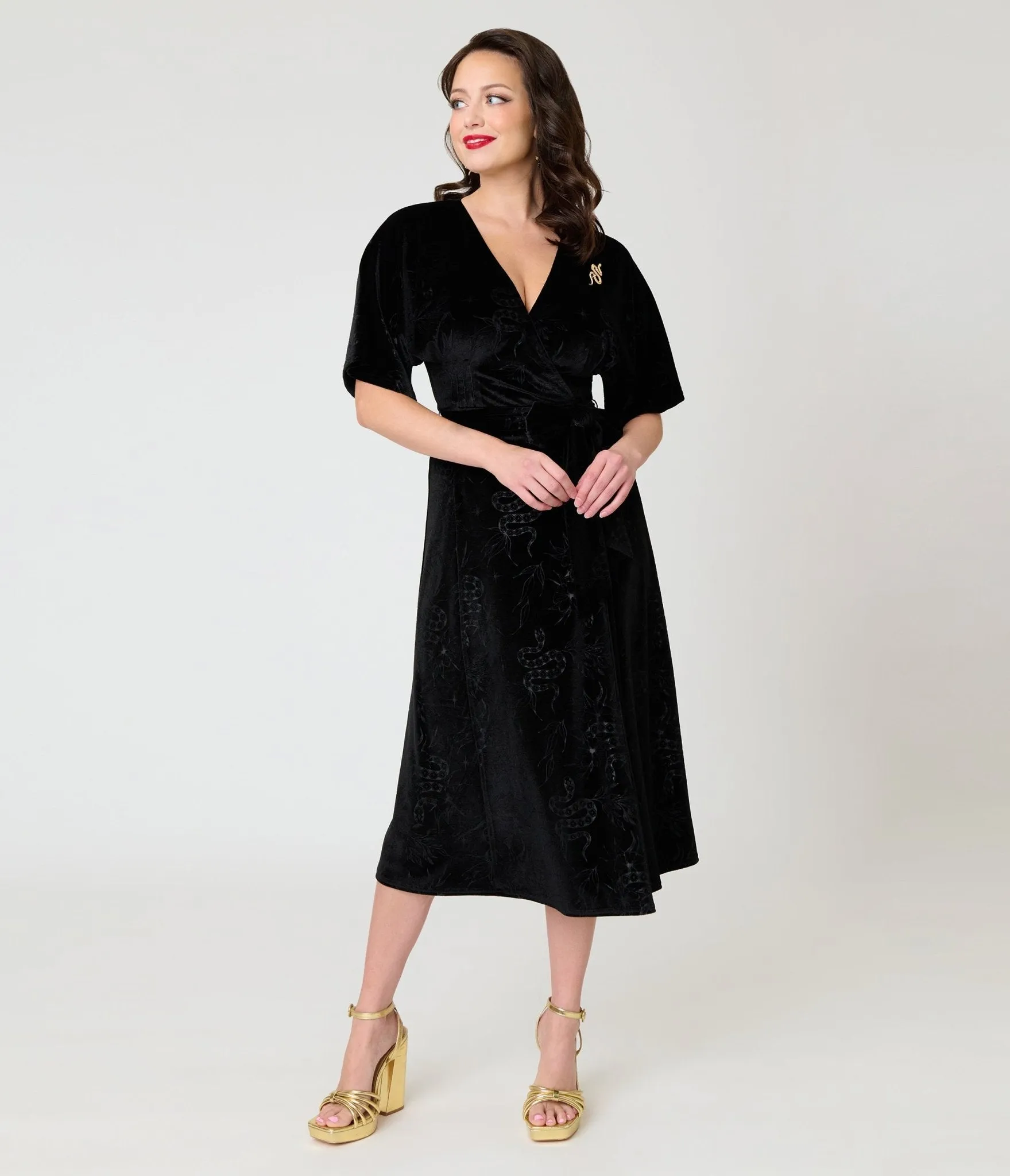 Unique Vintage Black Velvet Embossed Wrap Midi Dress sold by Unique Vintage product image thumbnail 3