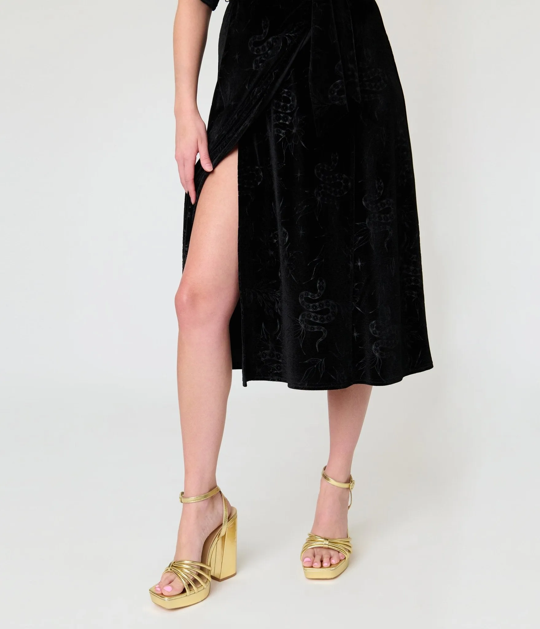 Unique Vintage Black Velvet Embossed Wrap Midi Dress sold by Unique Vintage product image thumbnail 4
