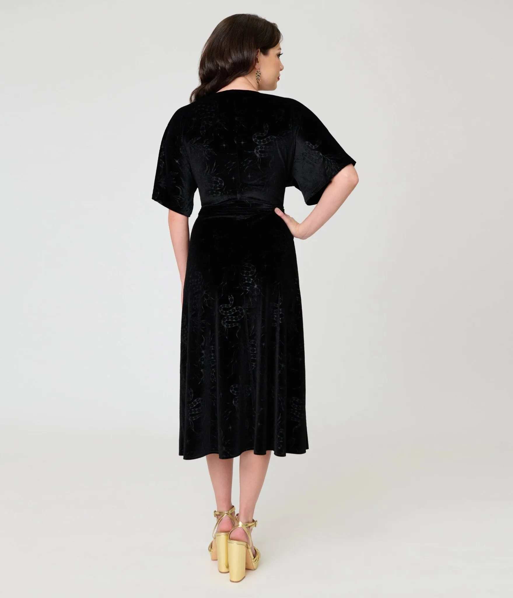 Unique Vintage Black Velvet Embossed Wrap Midi Dress sold by Unique Vintage product image thumbnail 2