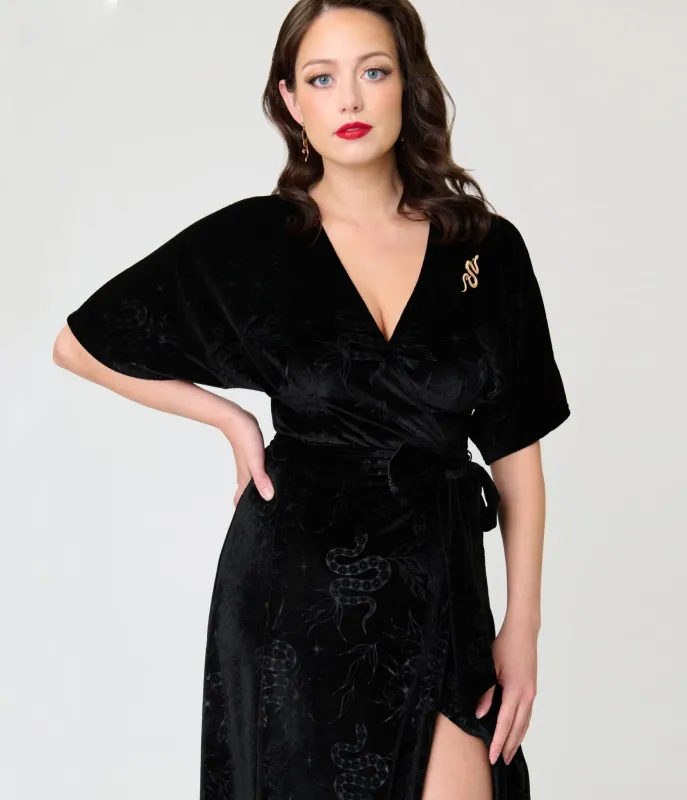 Unique Vintage Black Velvet Embossed Wrap Midi Dress made by Unique Vintage