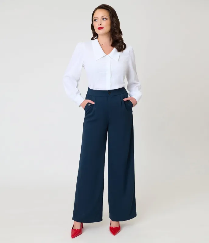 Navy 1950s Wide Leg Trousers made by Unique Vintage