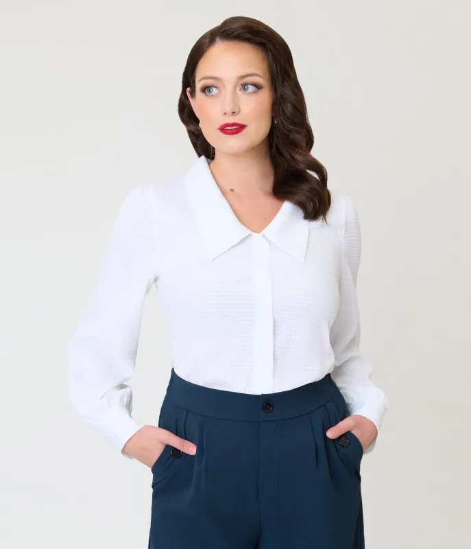 White Gingham 1940s Collared Blouse made by Unique Vintage