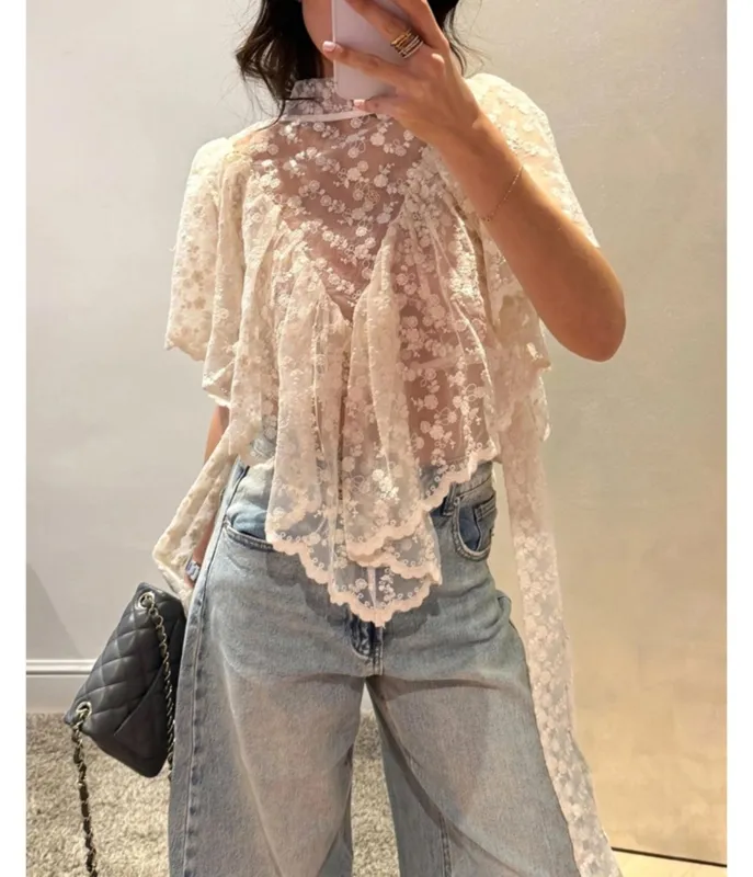 Ivory Floral Lace Sheer Top made by Unique Vintage