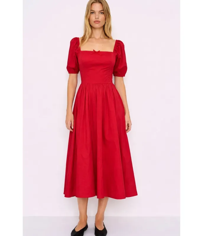 Red Puff Sleeve Midi Dress made by Unique Vintage