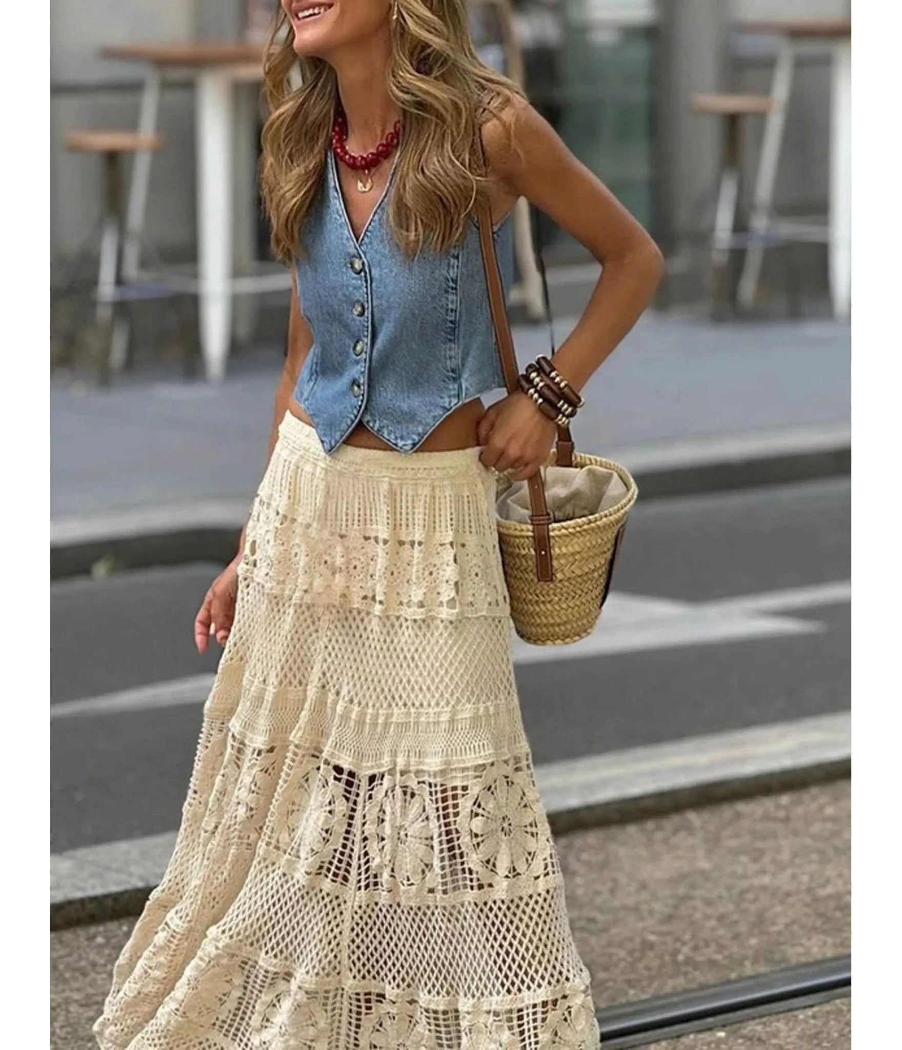 Beige Crochet Bohemian Maxi Skirt sold by Unique Vintage product image thumbnail 3