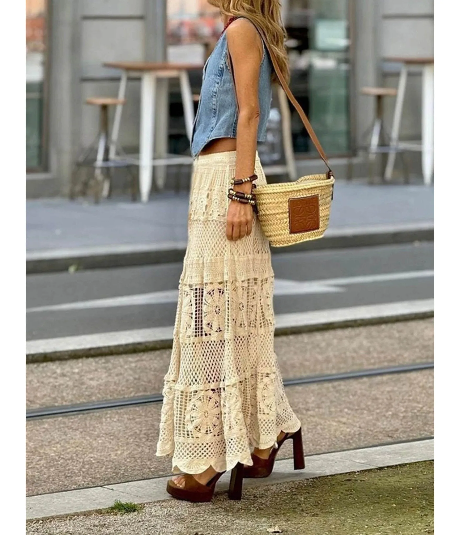 Beige Crochet Bohemian Maxi Skirt sold by Unique Vintage product image thumbnail 2