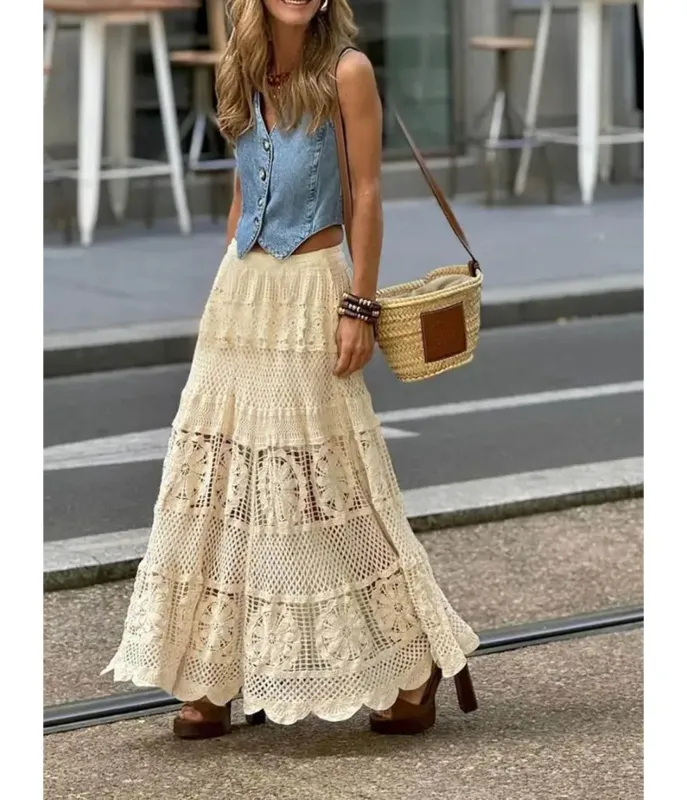 Beige Crochet Bohemian Maxi Skirt made by Unique Vintage