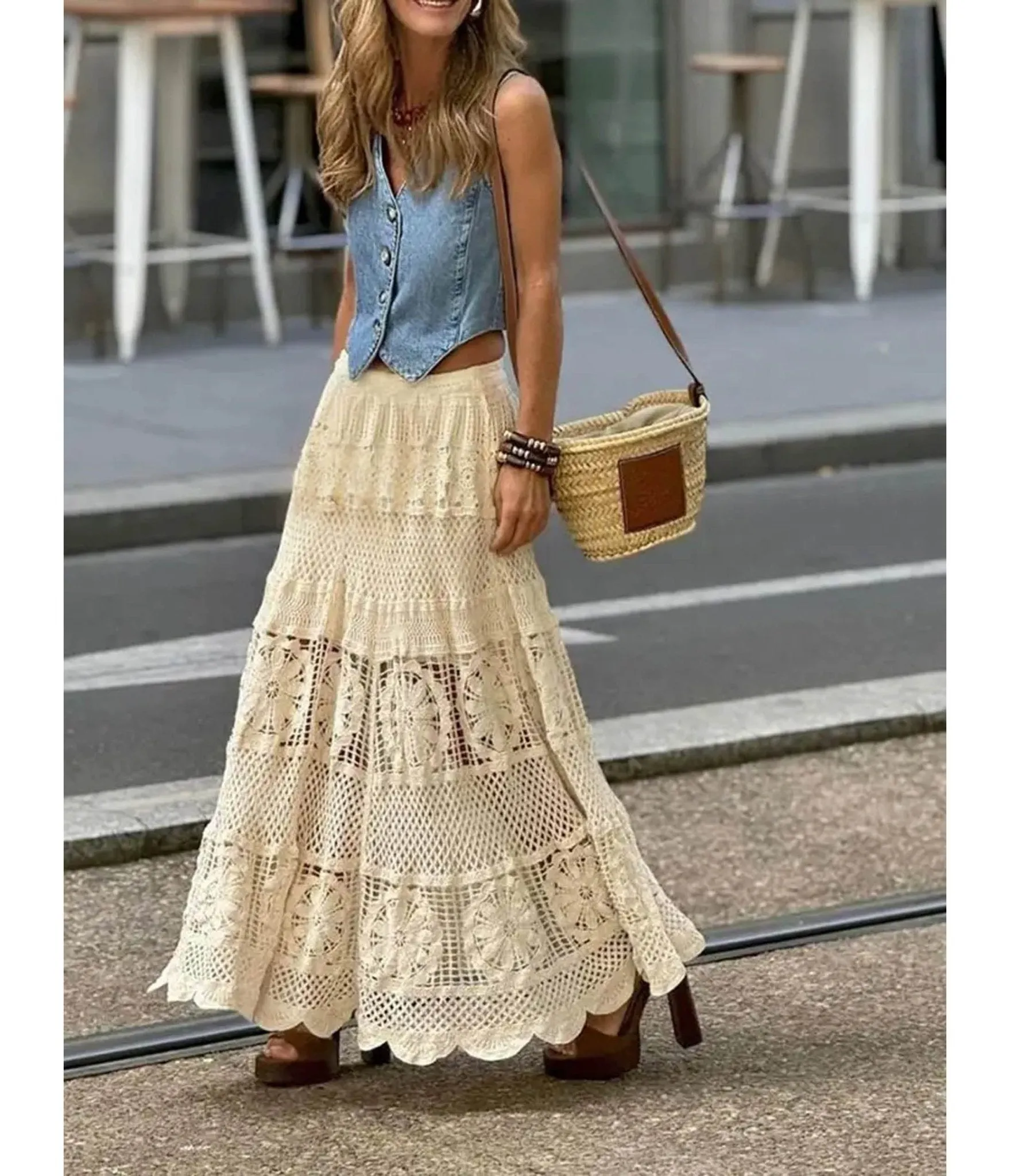 Beige Crochet Bohemian Maxi Skirt sold by Unique Vintage