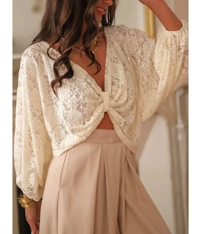 Ivory Lace Bow Detail Top made by Unique Vintage