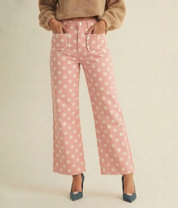 Pink Polka Dot Scallop Pocket Wide Leg Pants made by Unique Vintage