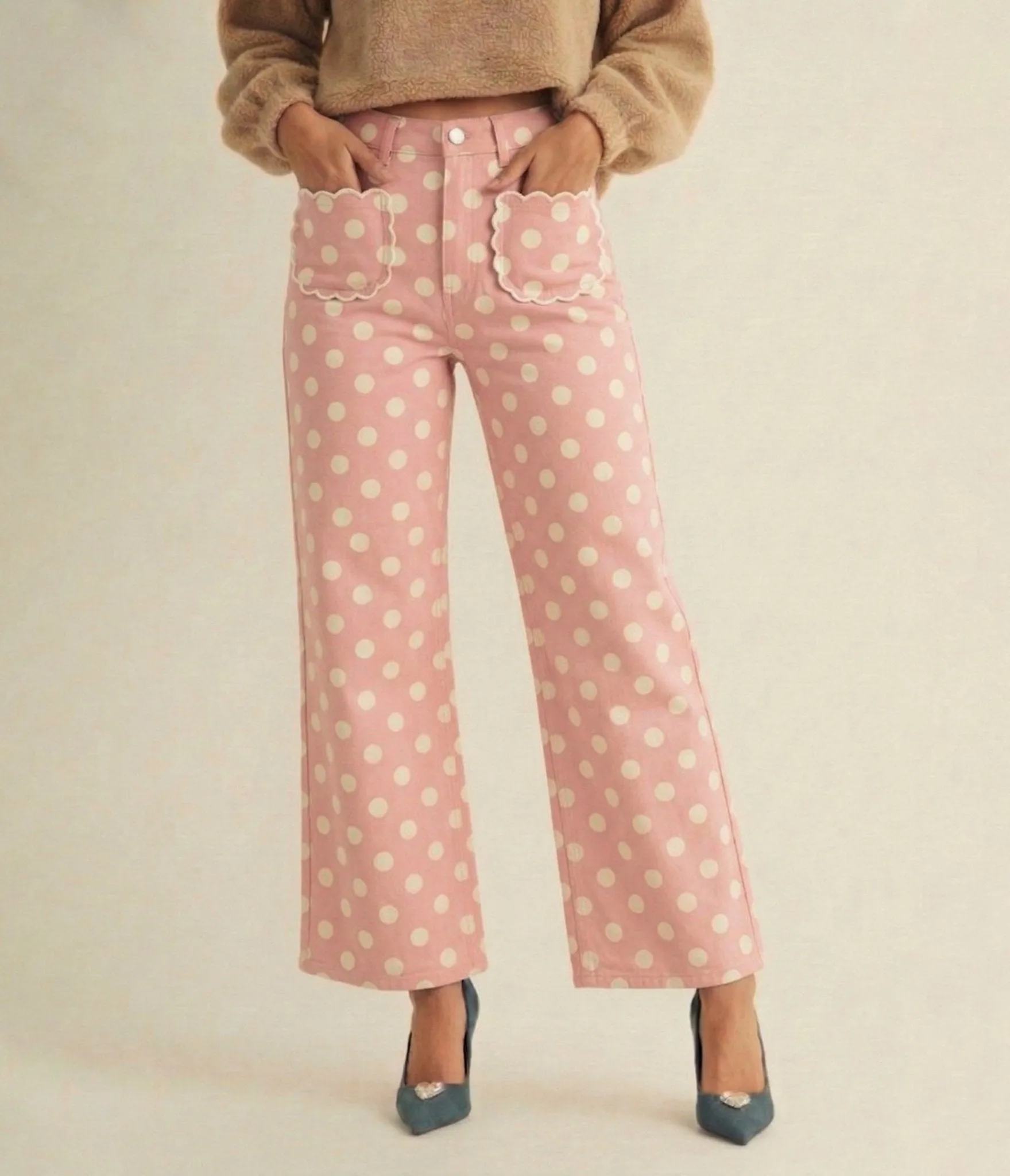 Pink Polka Dot Scallop Pocket Wide Leg Pants sold by Unique Vintage