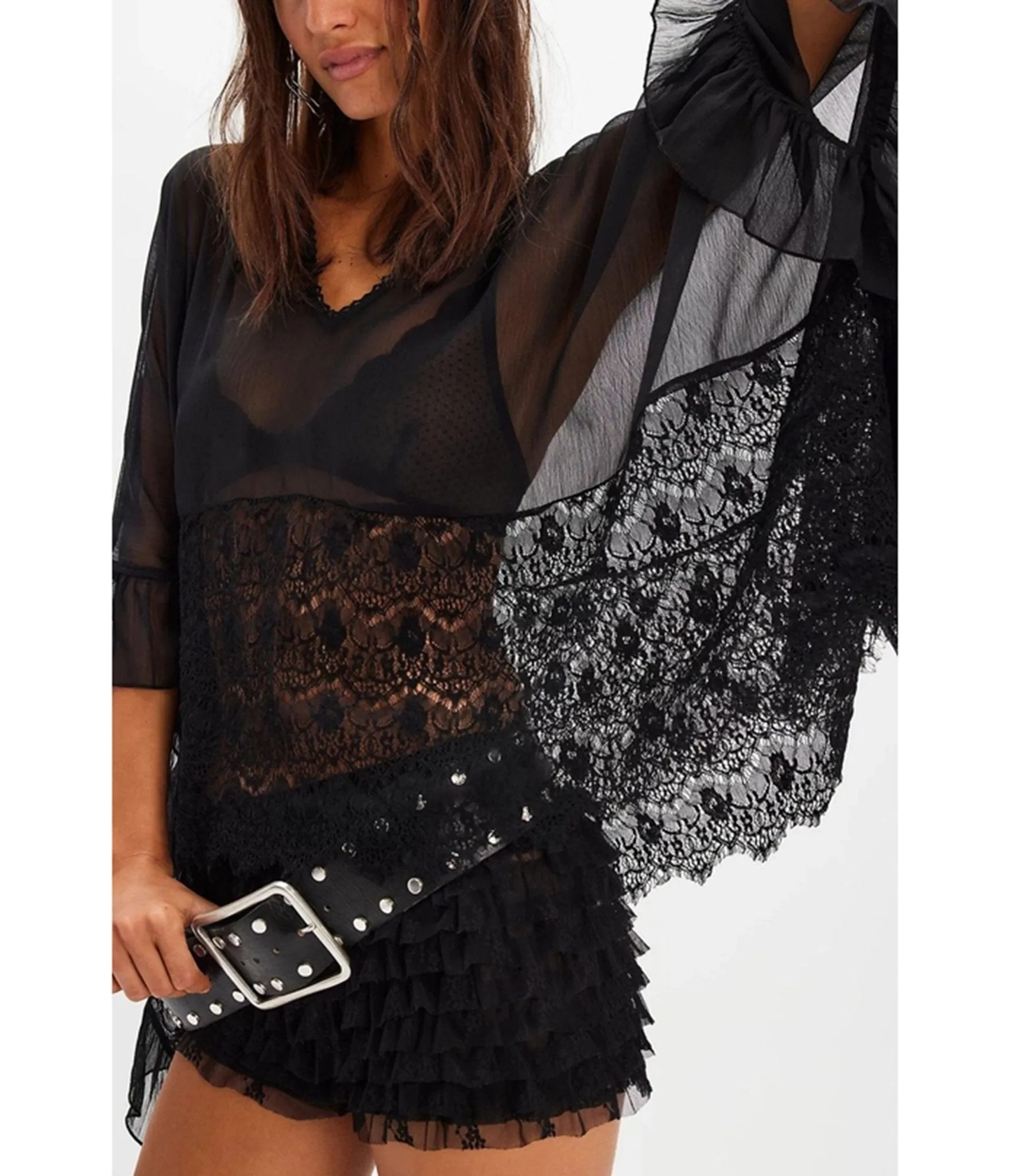 Black Mesh Lace Ruffle Blouse sold by Unique Vintage product image thumbnail 3