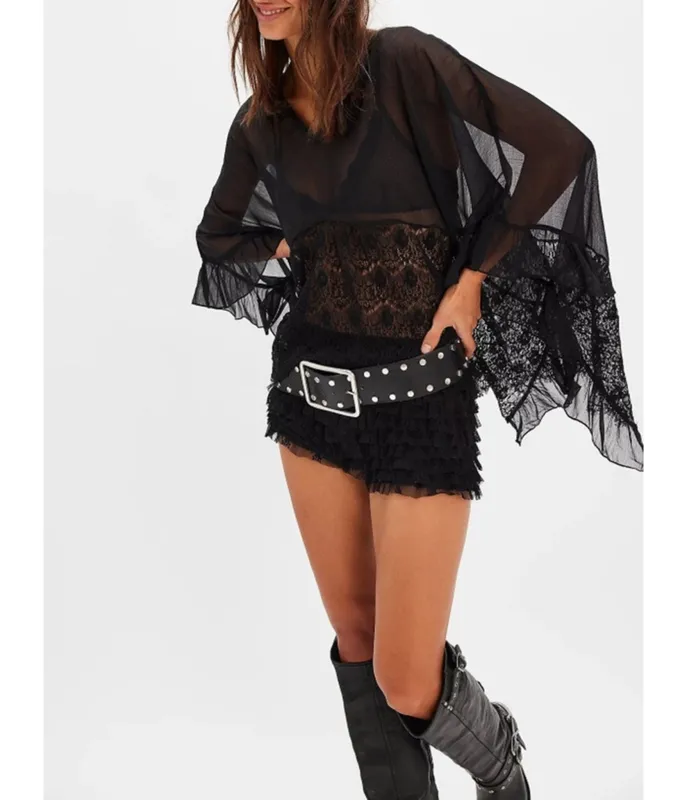 Black Mesh Lace Ruffle Blouse made by Unique Vintage