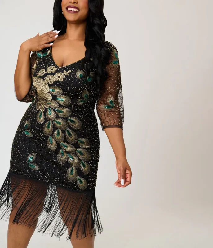 Unique Vintage Plus Size 1920s Black Peacock Sequin Margaux Flapper Dress made by Unique Vintage
