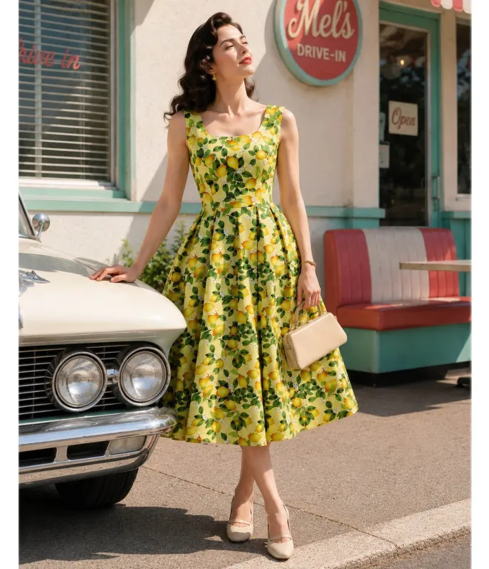 Dolly & Dotty Yellow Polka Dot Lemon Print Ophelia Swing Dress made by Unique Vintage