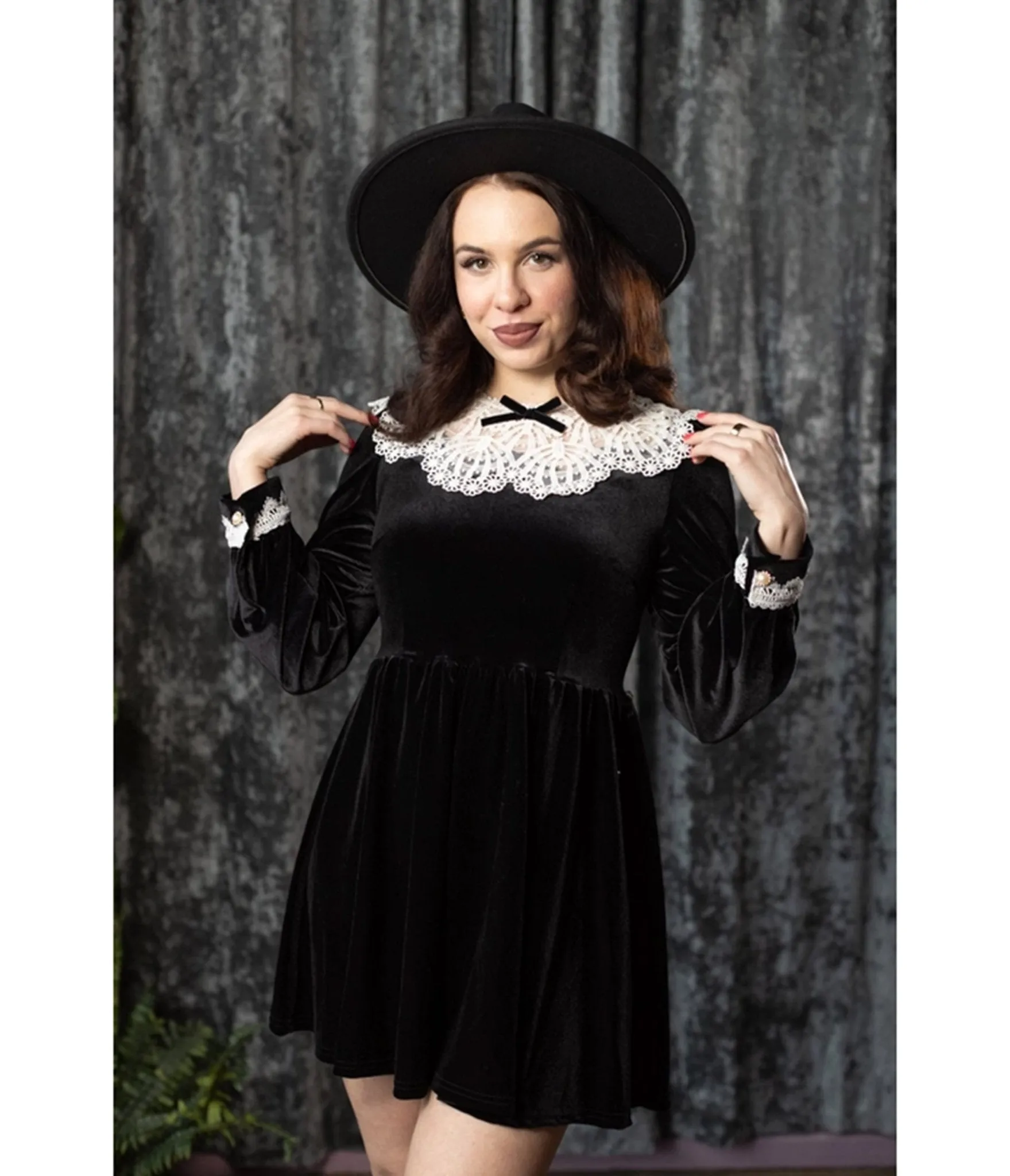 Witchwood Bags Black Velvet Lace Collar Elora Mini Dress sold by Unique Vintage