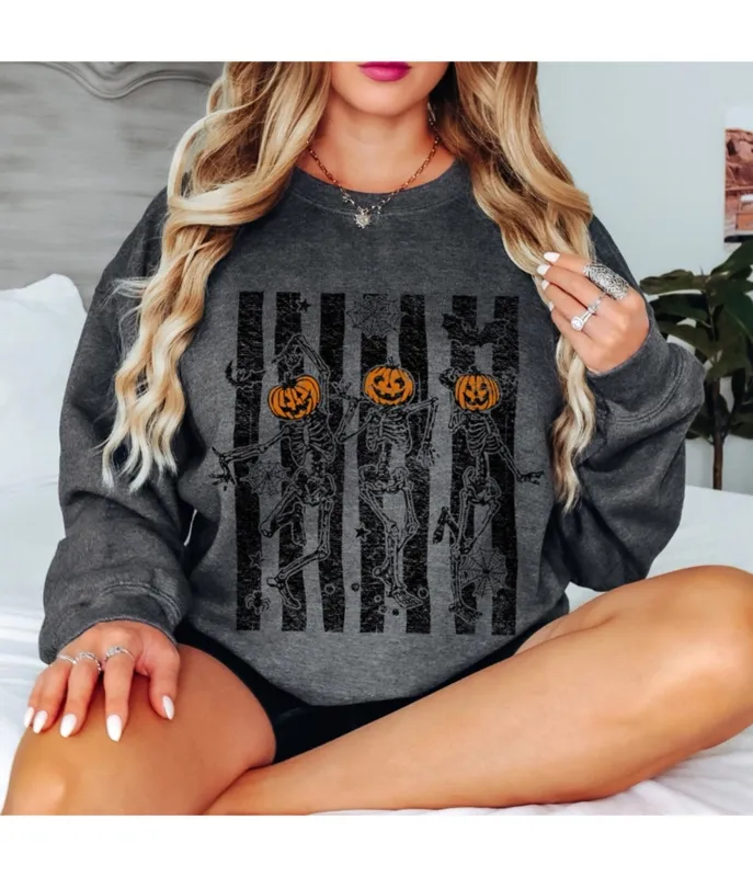 Charcoal Pumpkin Head Skeleton Graphic Sweatshirt made by Unique Vintage