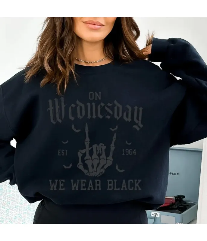 Black On Wednesday We Wear Black Graphic Sweatshirt made by Unique Vintage