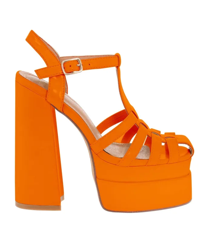 Orange Faux Leather Platform Sandal Heels made by Unique Vintage