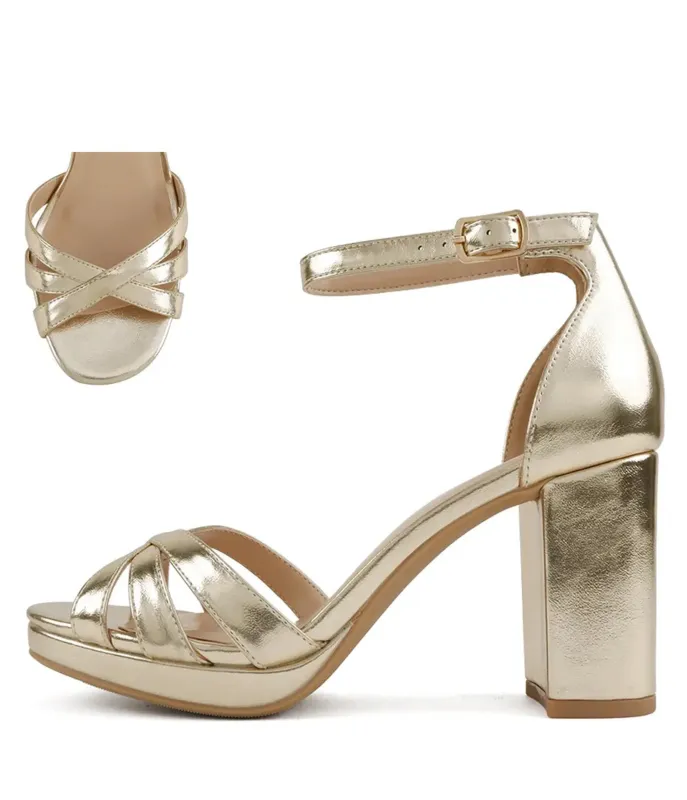 Gold Tone Leatherette Ankle Strap Tatia Heels made by Unique Vintage