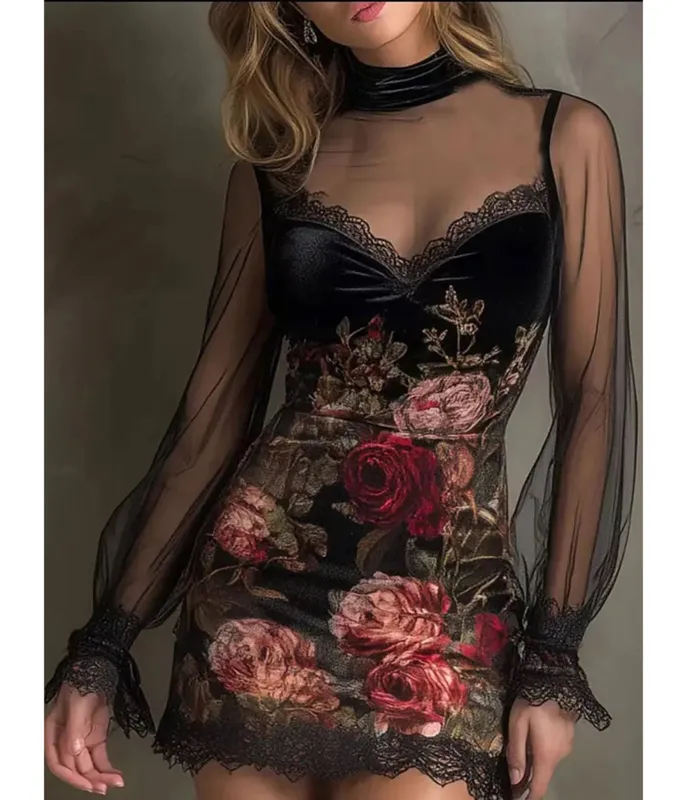 Black Floral & Mesh Overlay Mini Dress made by Unique Vintage