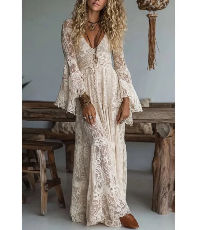 Ivory Lace Bell Sleeve Maxi Dress made by Unique Vintage