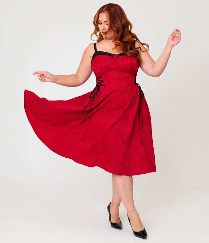 Unique Vintage Plus Size Burgundy Jacquard Lace Up Sweetheart Betty Swing Dress made by Unique Vintage