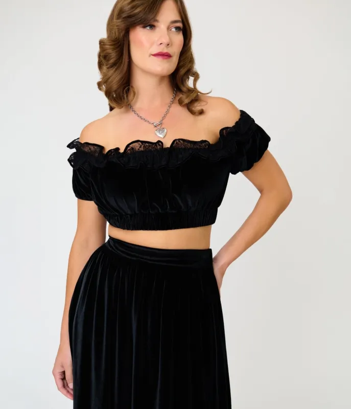 Unique Vintage Black Velvet Ruffle Crop Top made by Unique Vintage
