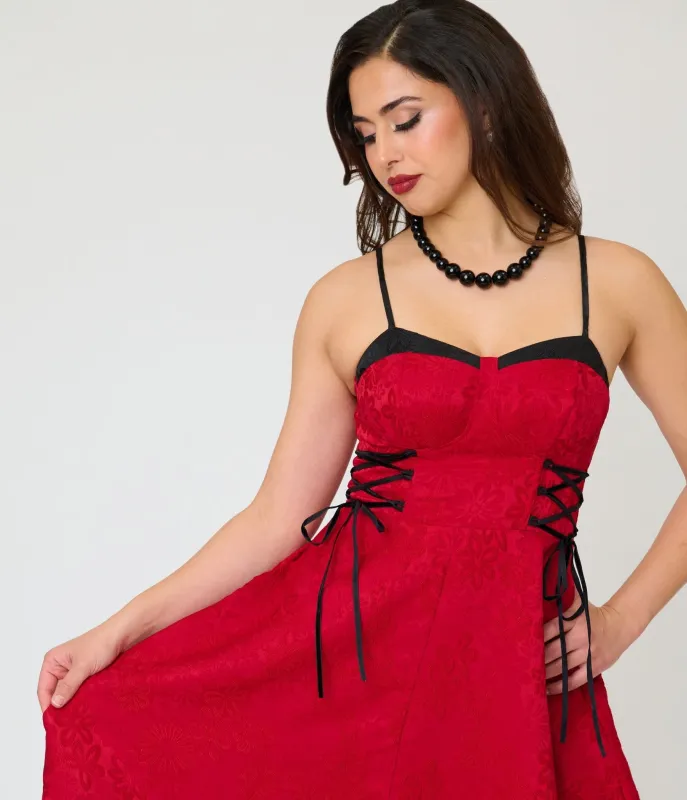 Unique Vintage Burgundy Jacquard Lace Up Sweetheart Betty Swing Dress made by Unique Vintage