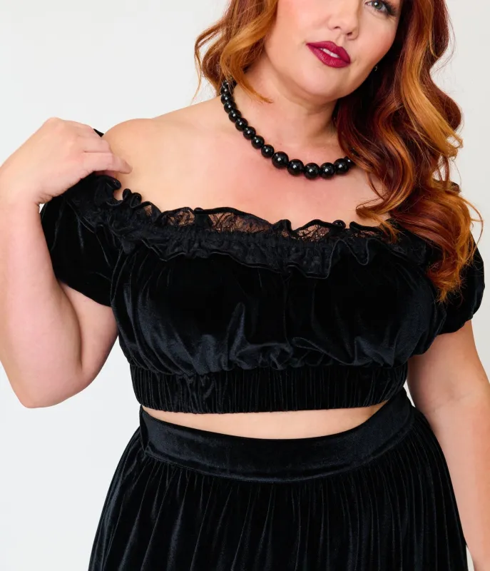 Unique Vintage Plus Size Black Velvet Ruffle Crop Top made by Unique Vintage