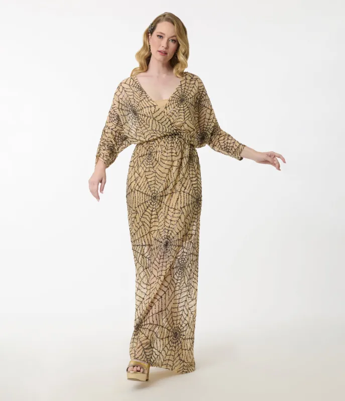 Smak Parlour Nude Spiderweb Sequin Faux Wrap Diane Maxi Dress made by Unique Vintage