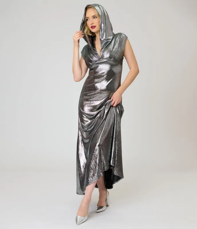 Unique Vintage Silver Metallic Hooded Vera Maxi Dress made by Unique Vintage