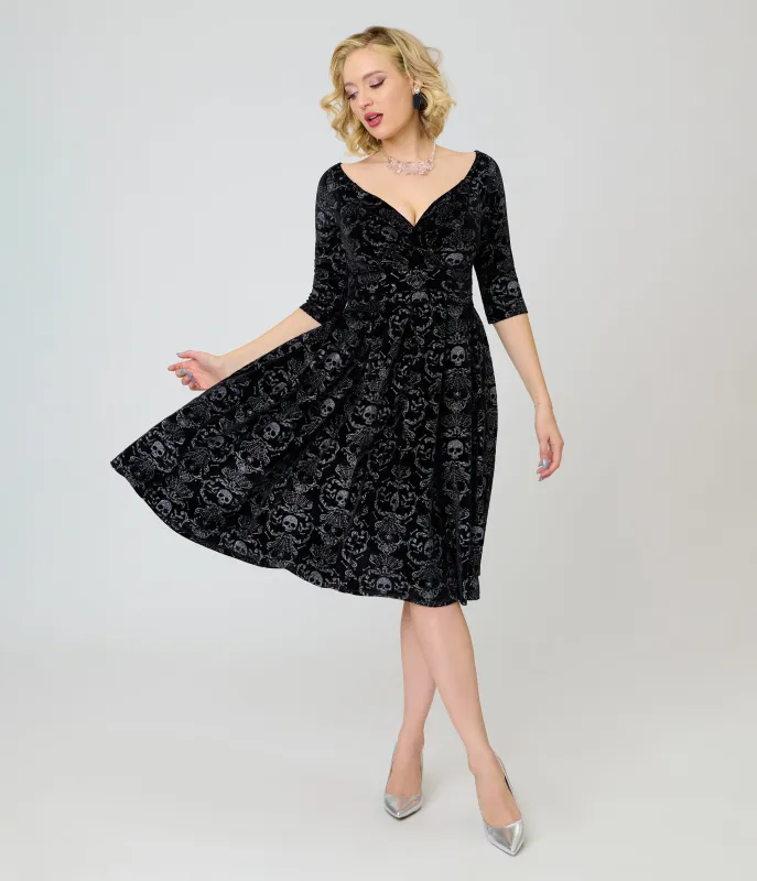 Unique Vintage Black Velvet Skull Print Marceline Swing Dress made by Unique Vintage