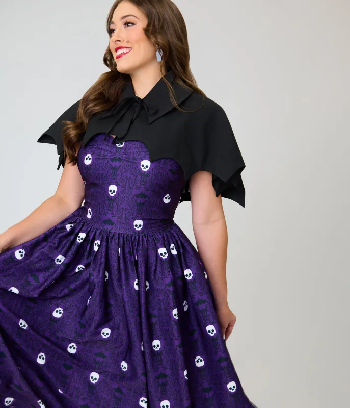 Unique Vintage Purple Skull Print & Capelet Shirley Swing Dress made by Unique Vintage