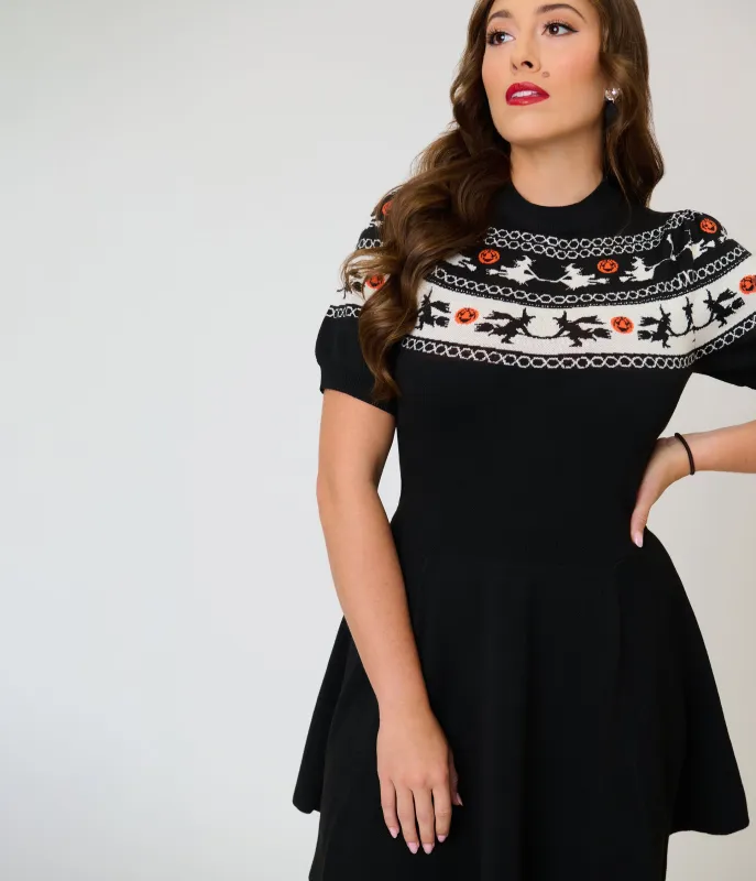 Smak Parlour Black Witch Fair Isle Tammy Flare Dress made by Unique Vintage