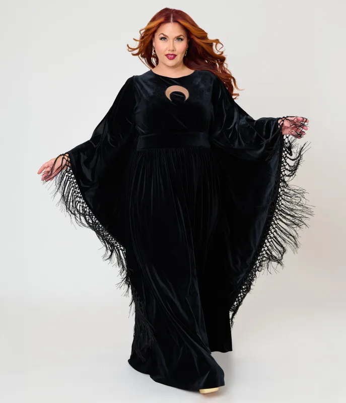 Unique Vintage Plus Size Black Velvet Moon Cutout Fringe Sleeve Dionne Caftan made by Unique Vintage