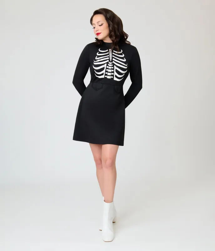 Smak Parlour Black Glow in the Dark Skeleton Mock Turtleneck Fit & Flare Lori Dress made by Unique Vintage