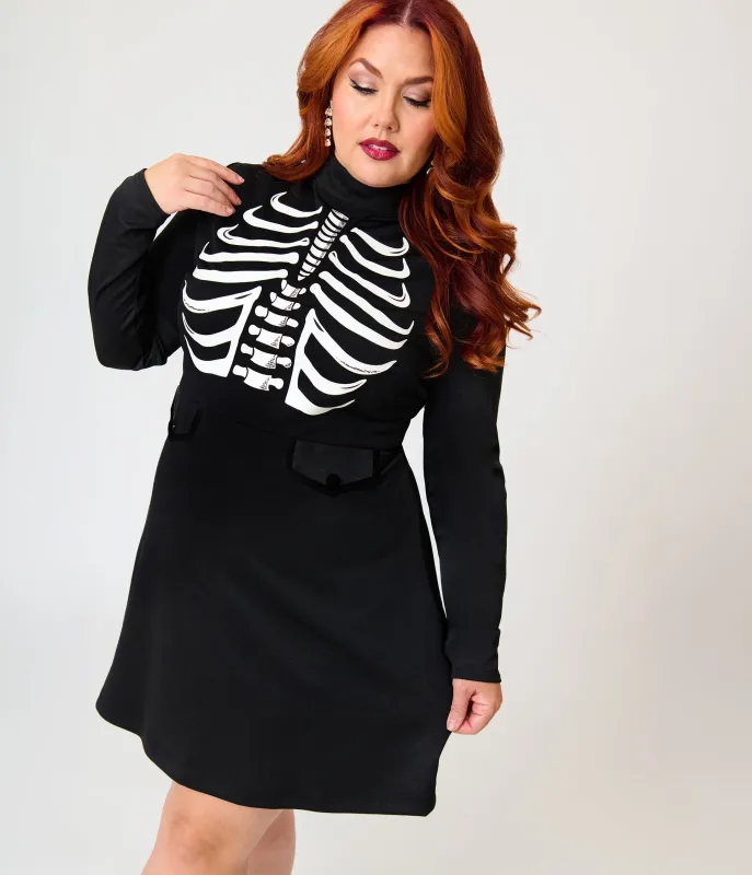 Smak Parlour Plus Size Black Glow in the Dark Skeleton Mock Turtleneck Fit & Flare Lori Dress made by Unique Vintage