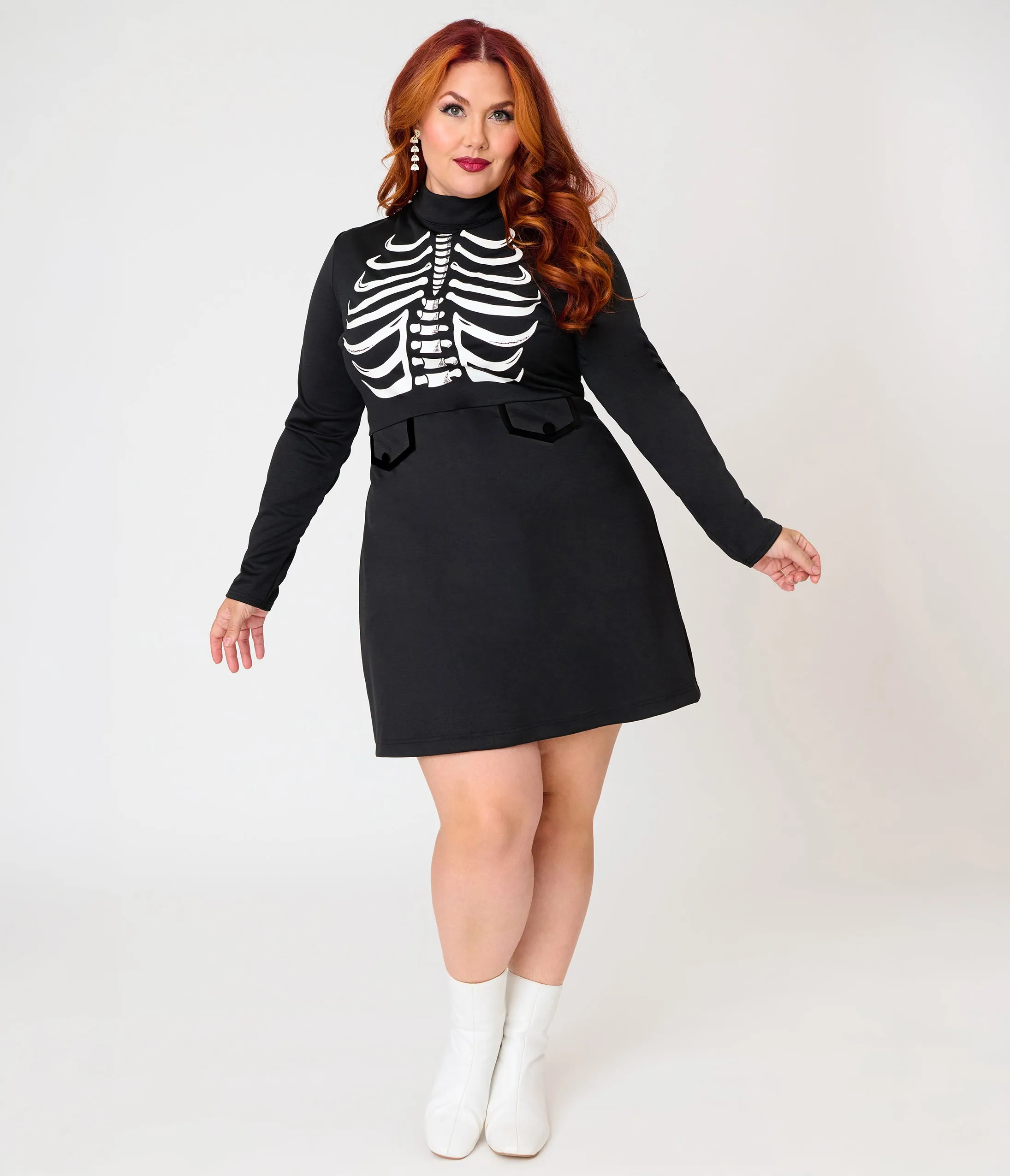 Smak Parlour Plus Size Black Glow in the Dark Skeleton Mock Turtleneck Fit & Flare Lori Dress sold by Unique Vintage product image thumbnail 4