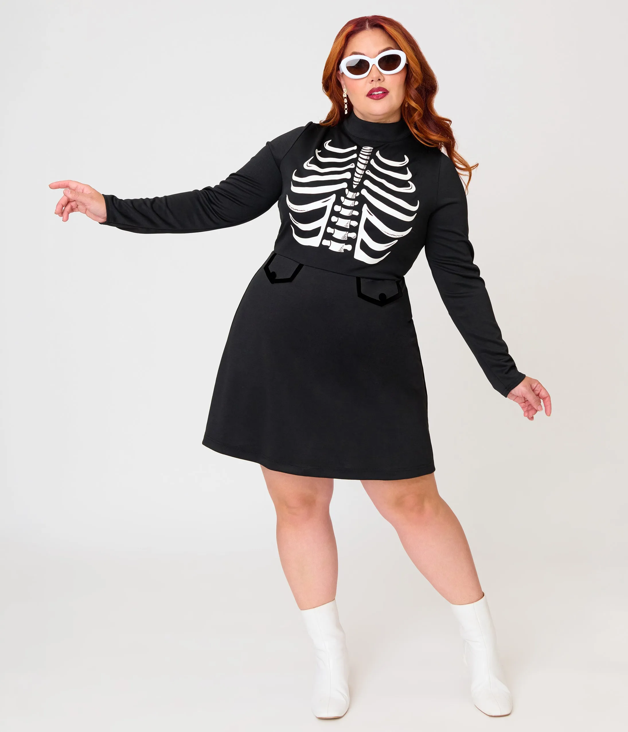 Smak Parlour Plus Size Black Glow in the Dark Skeleton Mock Turtleneck Fit & Flare Lori Dress sold by Unique Vintage product image thumbnail 3