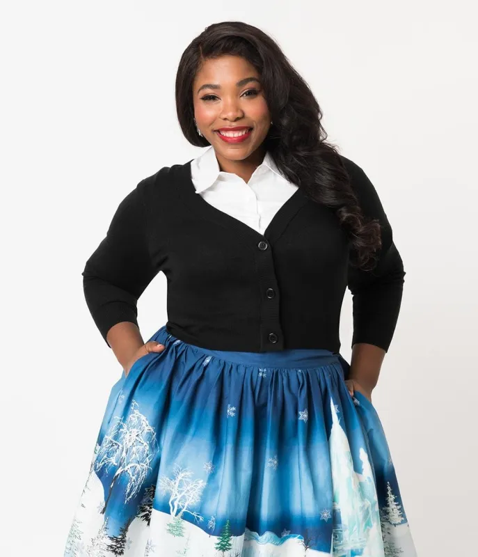 Plus Size Black Three-Quarter Sleeve Button Up Crop Cardigan made by Unique Vintage
